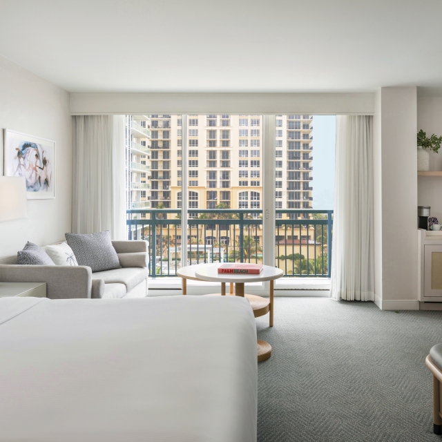 Luxury hotel room with view overlooking West Palm Beach.